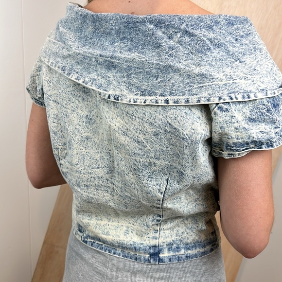 Vintage 80s Acid Wash Denim Off Shoulder Crop Top M - Picture 5 of 8